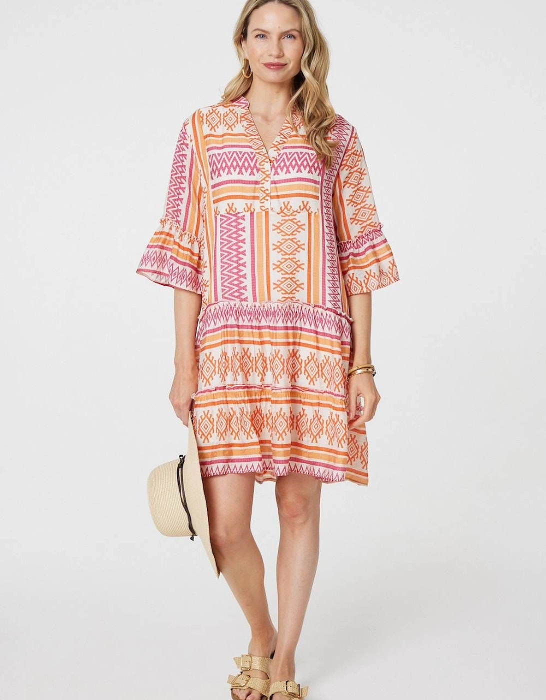Aztec Print V-Neck 3/4 Sleeve Short Dress, 2 of 1