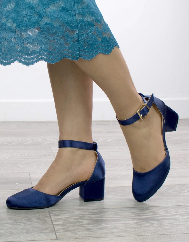 Mid Block Heel Buckle Ankle Strap Satin Heeled Sandals