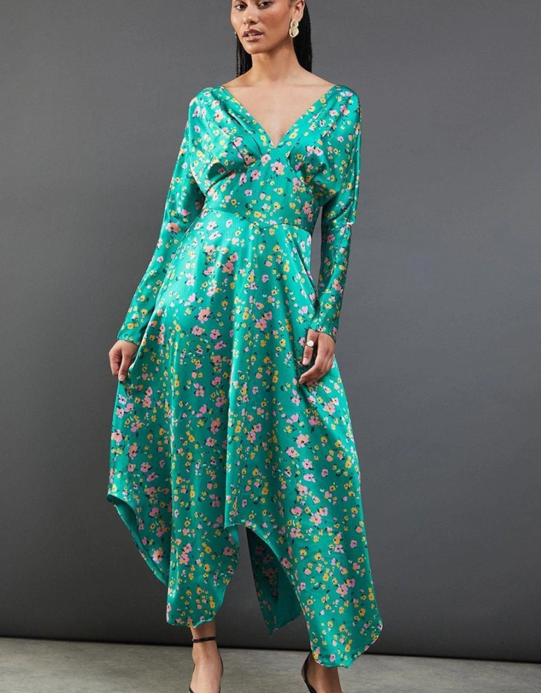 Floral Satin Batwing Waisted Hanky Hem Midi Dress