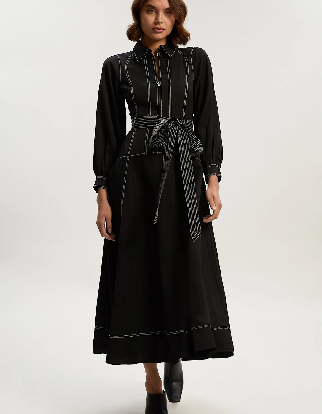 Premium Linen Twill Topstitch Woven Maxi Dress, 2 of 1
