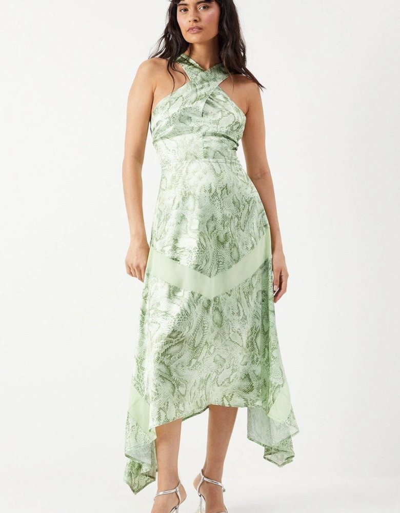 Snake Print Satin Cross Front Chiffon Insert Hanky Hem Midi Dress