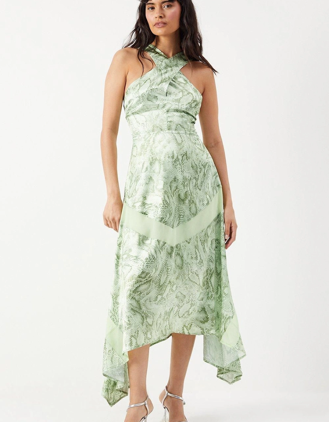 Snake Print Satin Cross Front Chiffon Insert Hanky Hem Midi Dress, 2 of 1