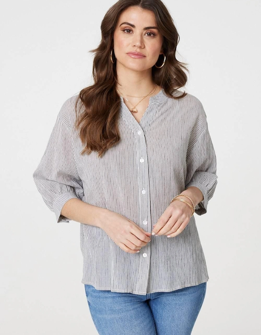 Pinstripe Relaxed Button Back Blouse, 2 of 1