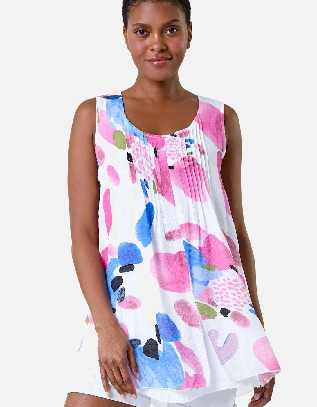 Abstract Print Pintuck Overlay Vest Top, 2 of 1