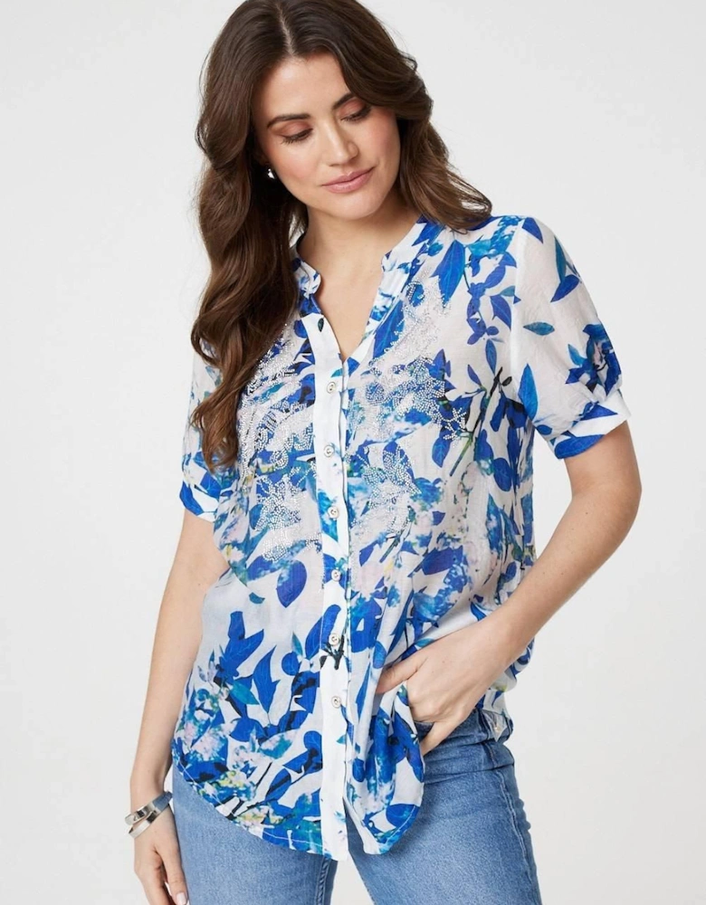 Leaf Print Short Puff Sleeve Shirt