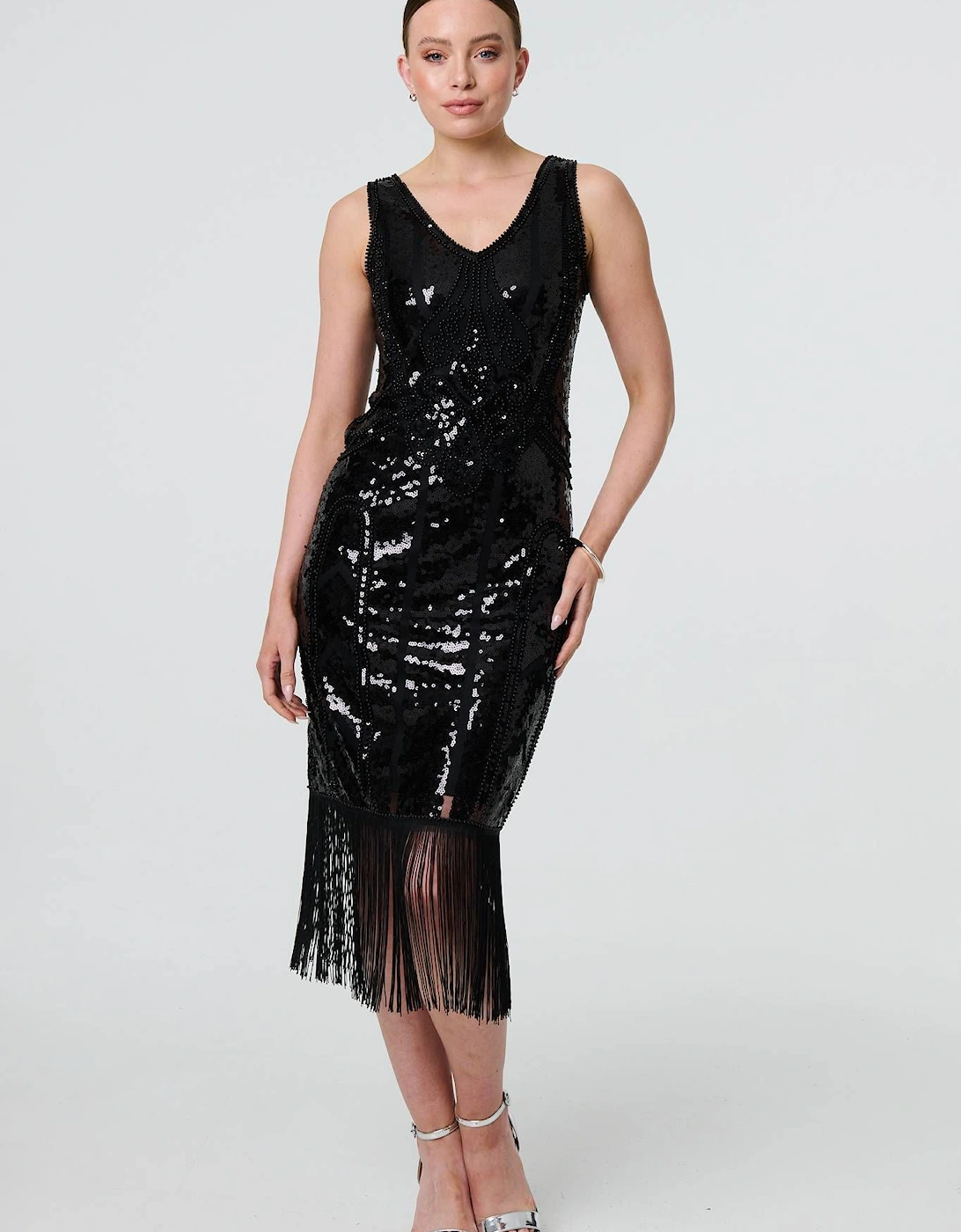 Sequin Embellished Tassel Trim Midi Dress, 2 of 1