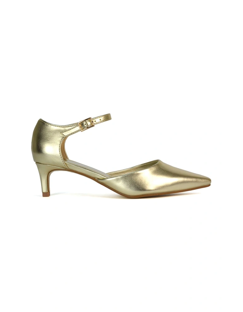 'Kacey' Kitten Low Heel Ankle Strap Pointed Toe Shoes