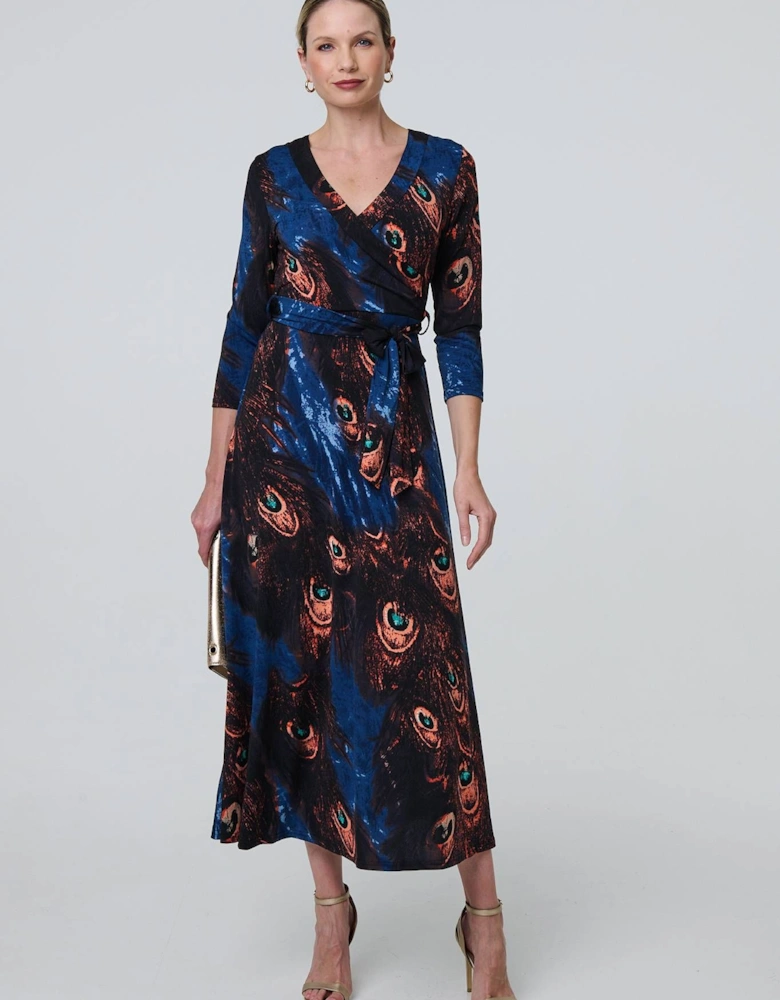 Peacock Print 3/4 Sleeve Wrap Maxi Dress