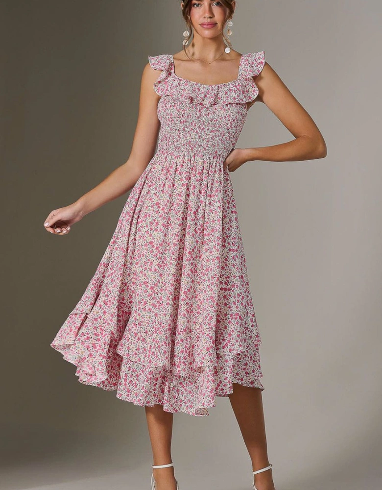 Ruffle Shirred Woven Midi Dress