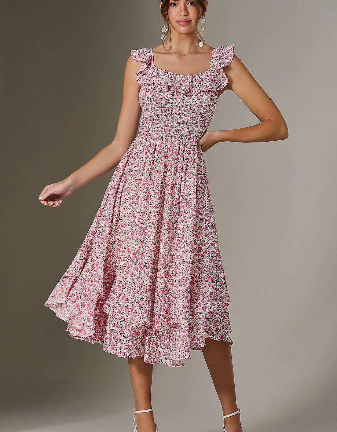 Ruffle Shirred Woven Midi Dress, 2 of 1