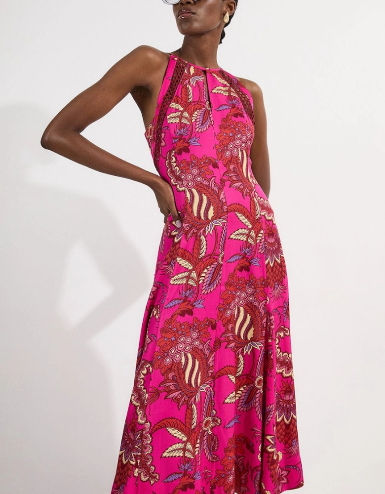 Petite Viscose Floral Print Linen Lace Trim Insert Woven Halter Neck Maxi Dress