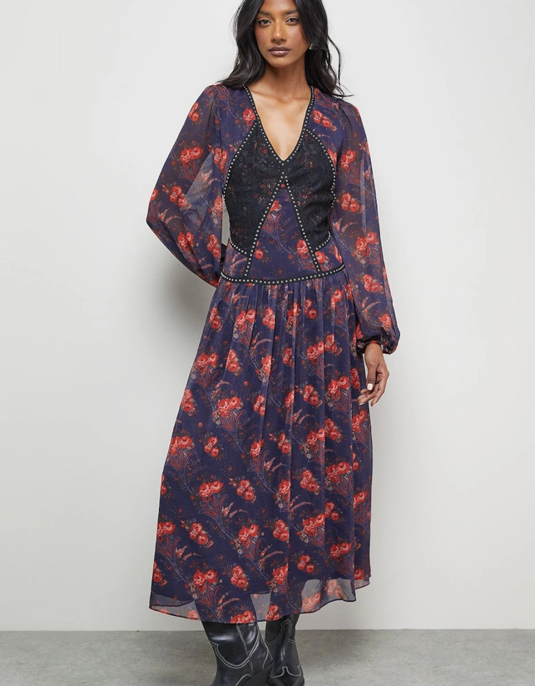 Printed Chiffon Plunge Neck Pleated Maxi Dress