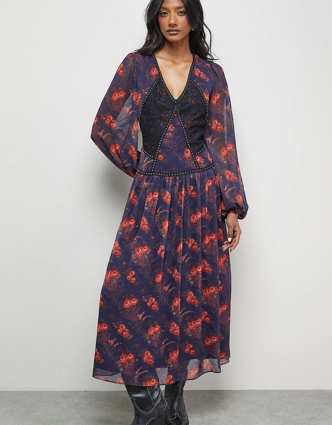 Printed Chiffon Plunge Neck Pleated Maxi Dress, 2 of 1