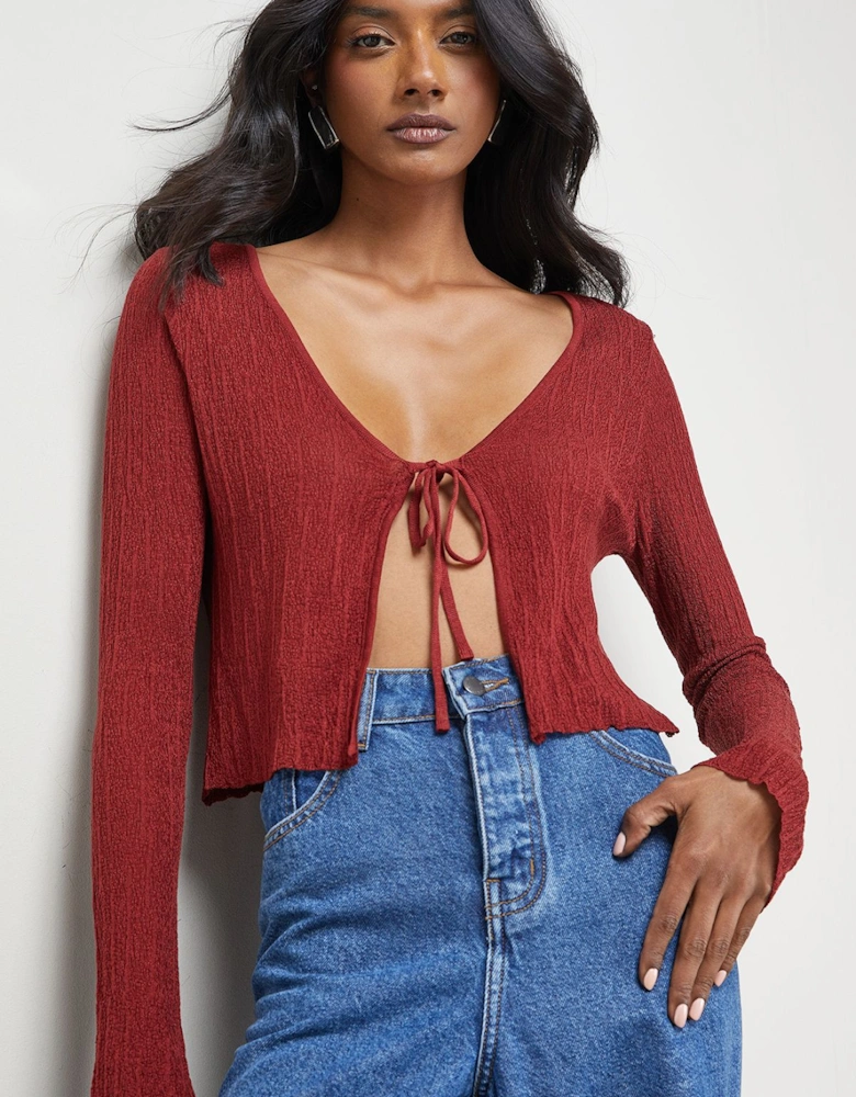 Burgundy Crinkle Sheer Tie Detail Cardigan