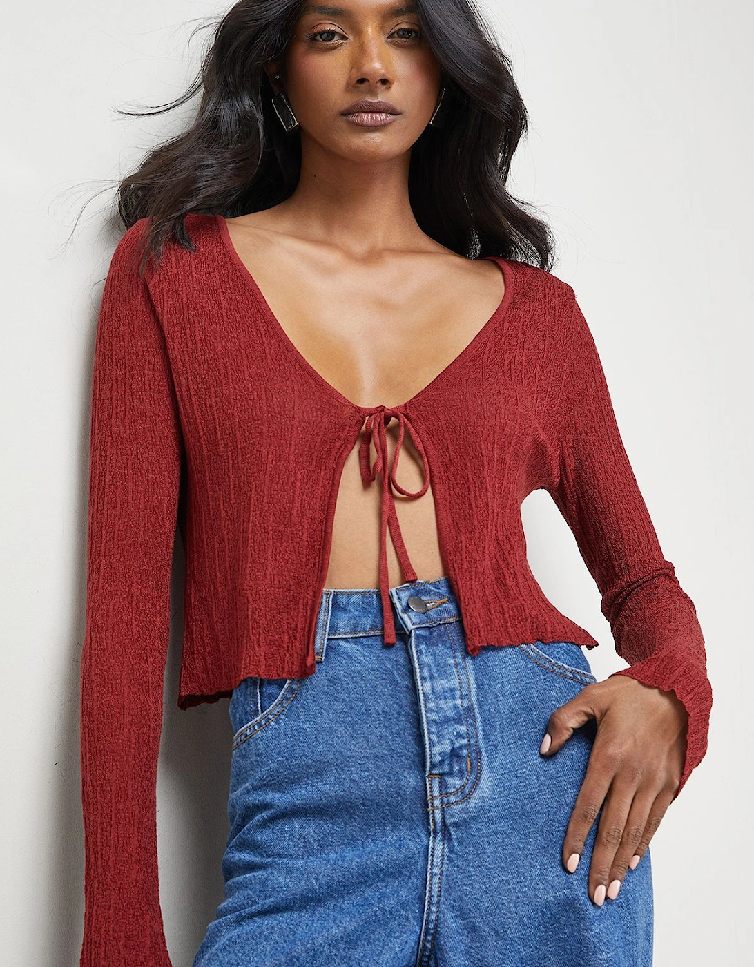 Burgundy Crinkle Sheer Tie Detail Cardigan, 2 of 1