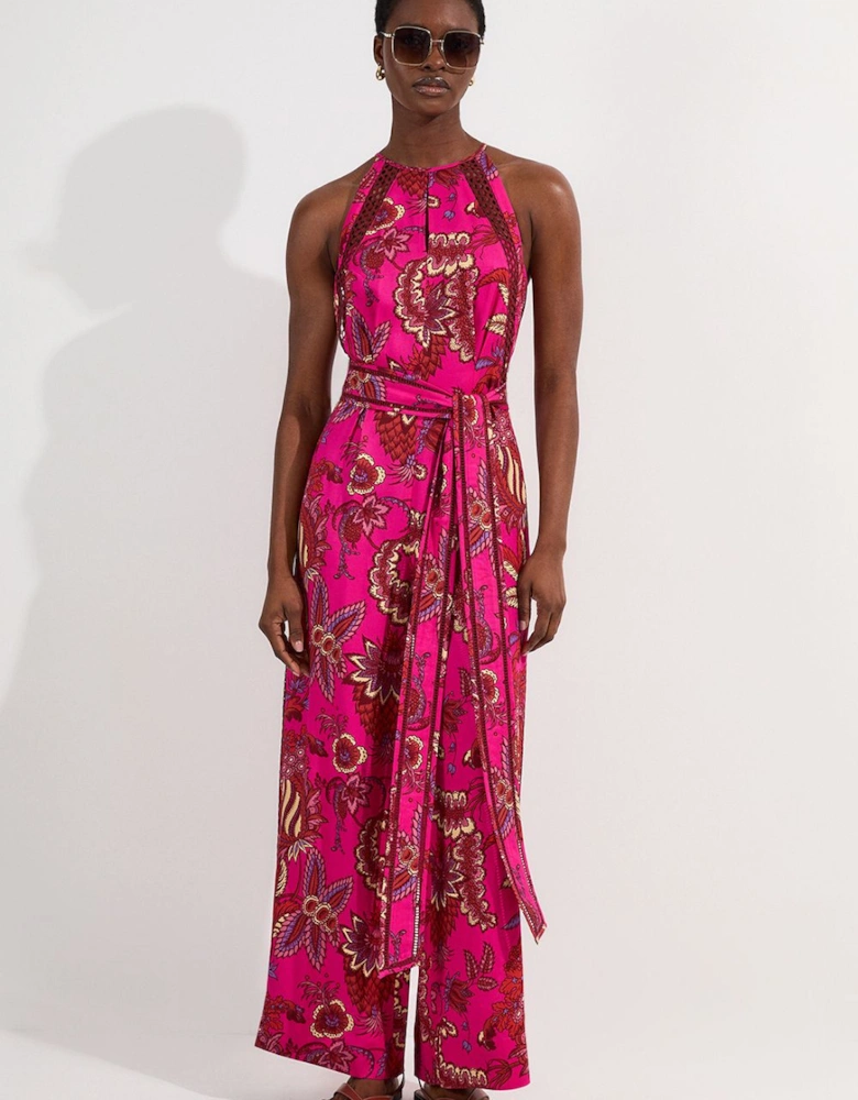 Viscose Floral Print Linen Lace Trim Insert Woven Halter Neck Jumpsuit