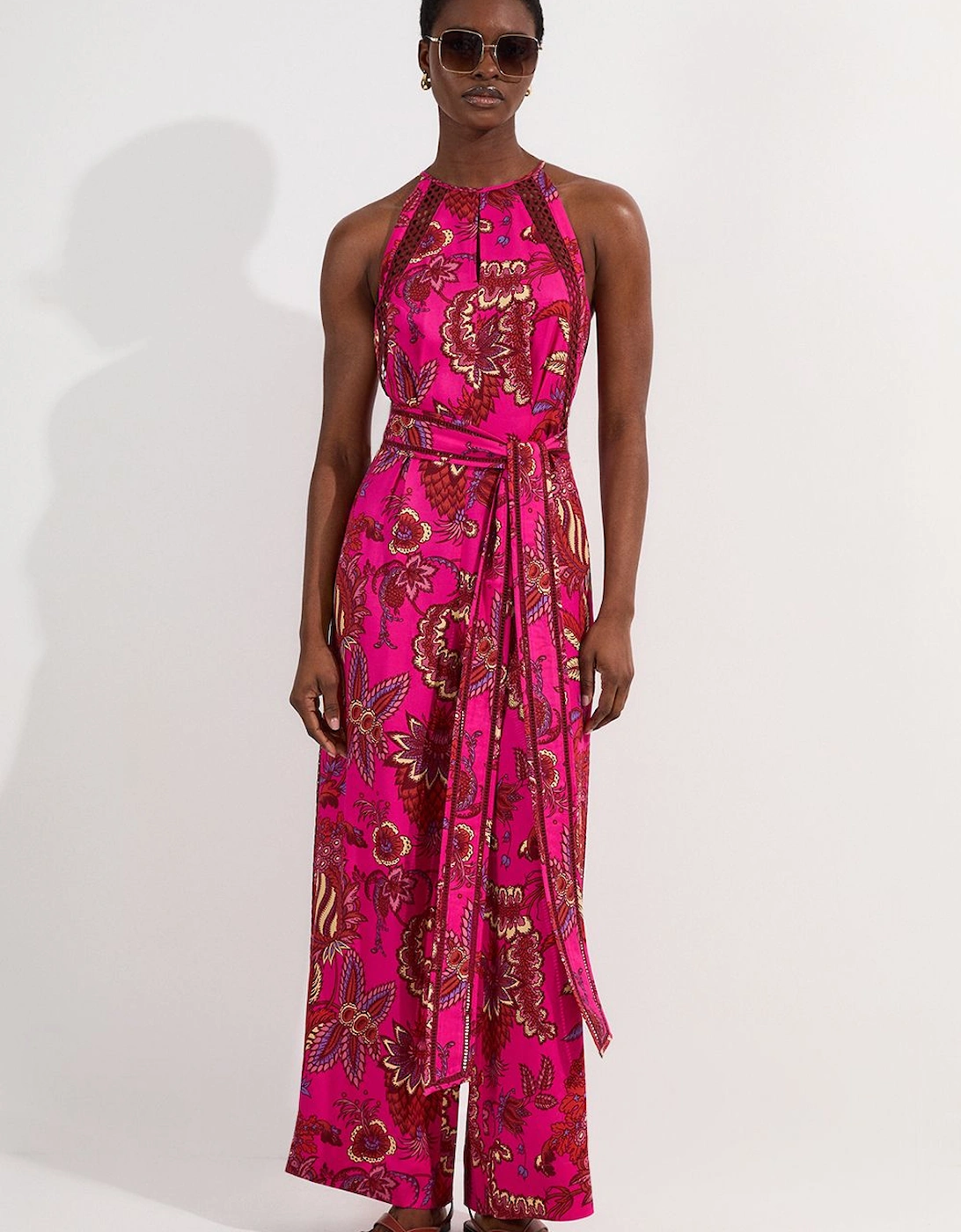 Viscose Floral Print Linen Lace Trim Insert Woven Halter Neck Jumpsuit, 2 of 1