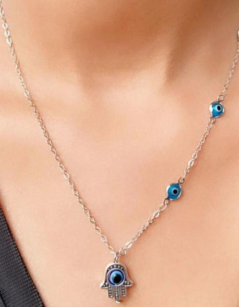 Half Evil Eye Necklace Hamsa Charm Silver Protection Choker Necklace