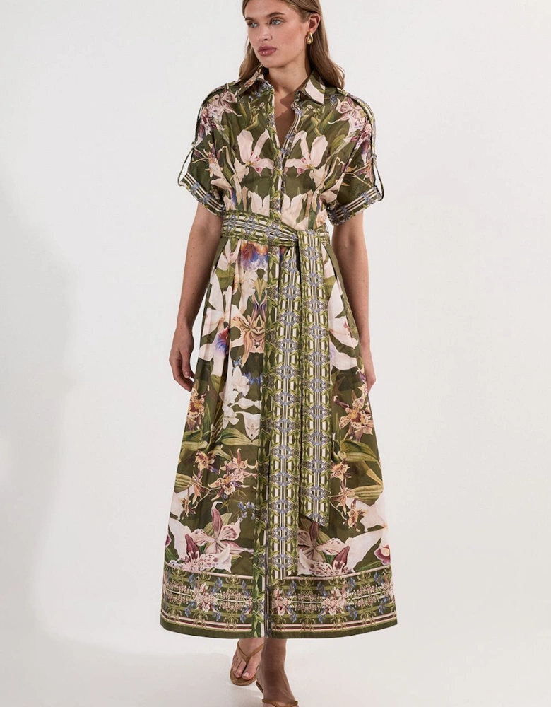 Cotton Sateen Floral Woven Belted Maxi Shirt Dress