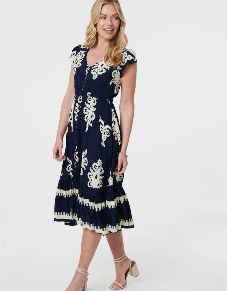 Ikat Print Cap Sleeve Shirred Midi Dress