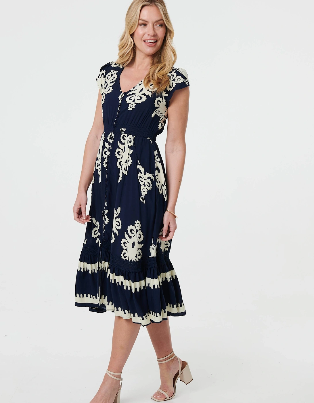 Ikat Print Cap Sleeve Shirred Midi Dress, 2 of 1