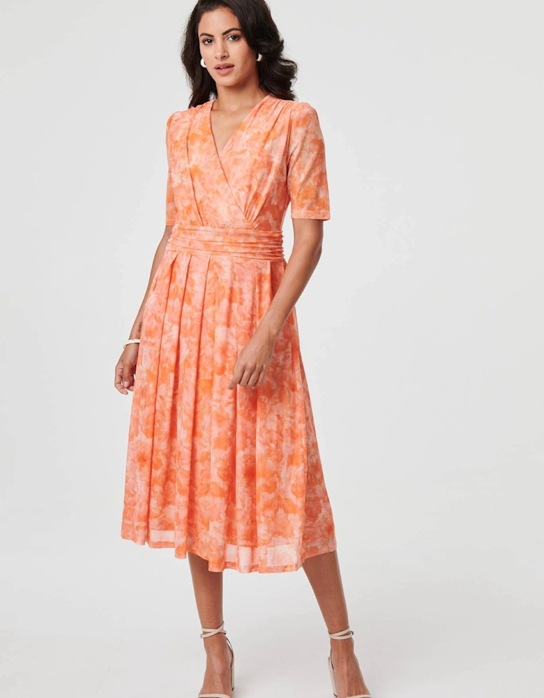 Printed 3/4 Sleeve Ruched Midi Dress