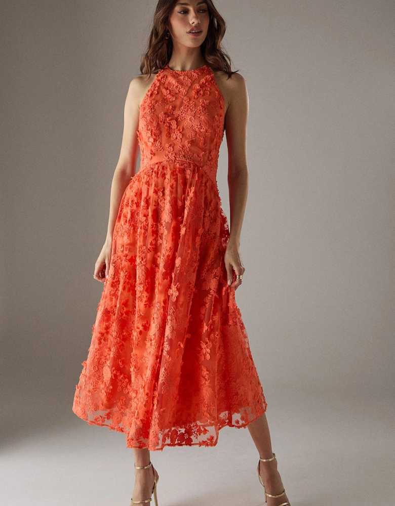 3D Embroidered Halter Open Back Midi Dress