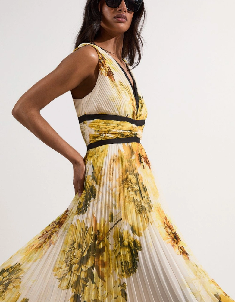 Pleated Floral Bodice Detail Woven Maxi Dress