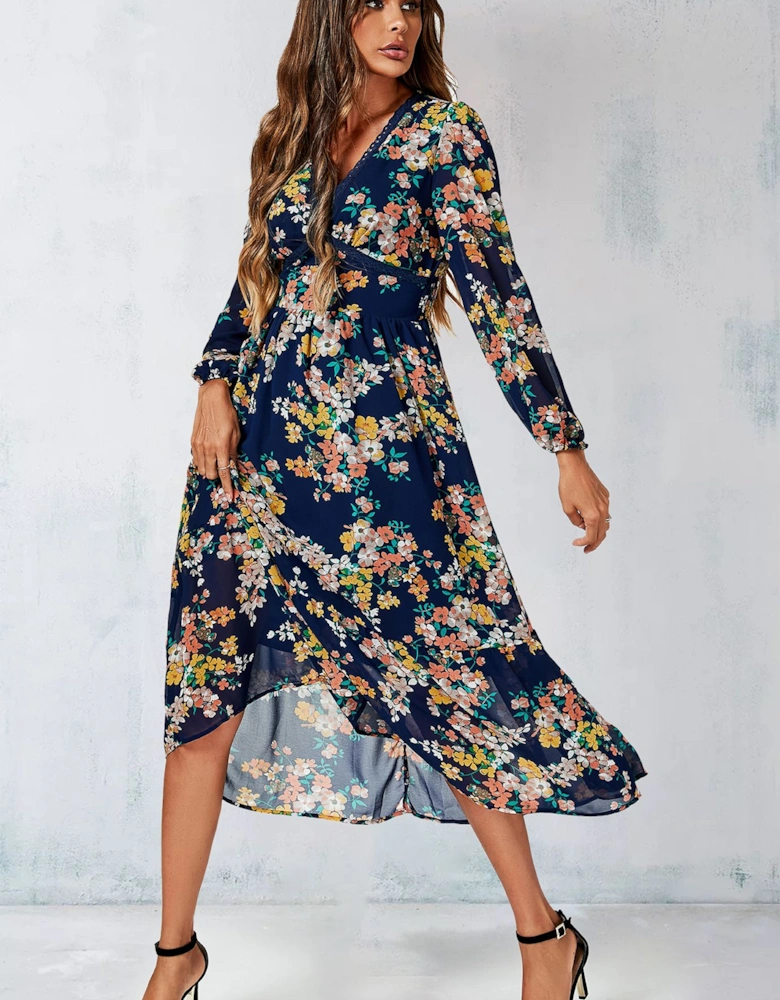 Floral Print Lace Trim Deep V Neck Long Sleeve Midi Dress In Navy