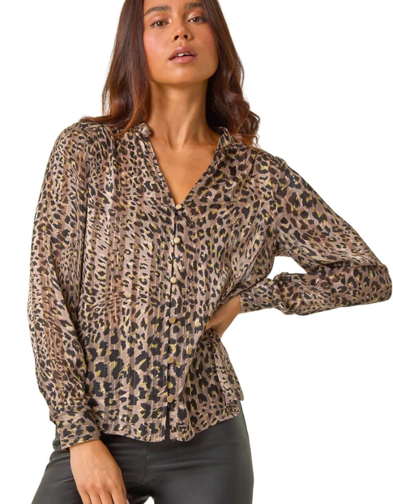 Petite Animal Print Button Up V-Neck Blouse