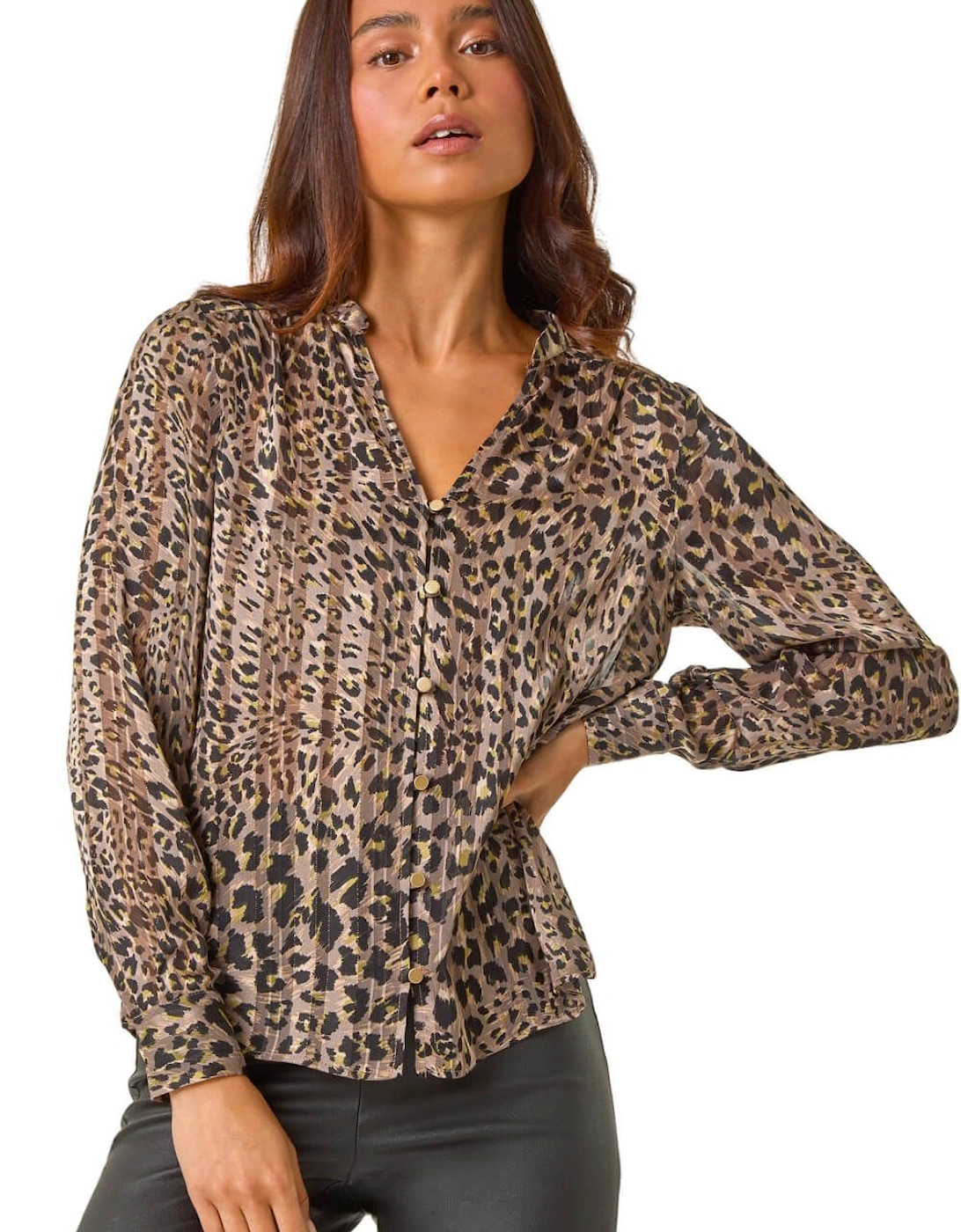 Petite Animal Print Button Up V-Neck Blouse, 2 of 1