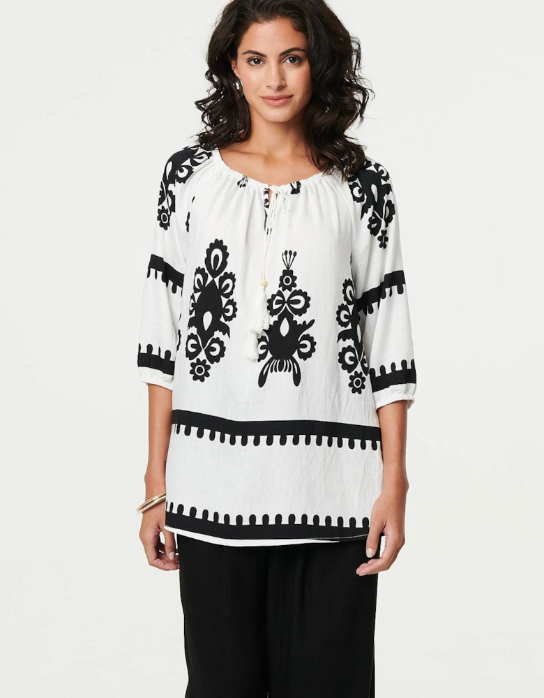 Ikat Print Tassel Tie Neck Blouse