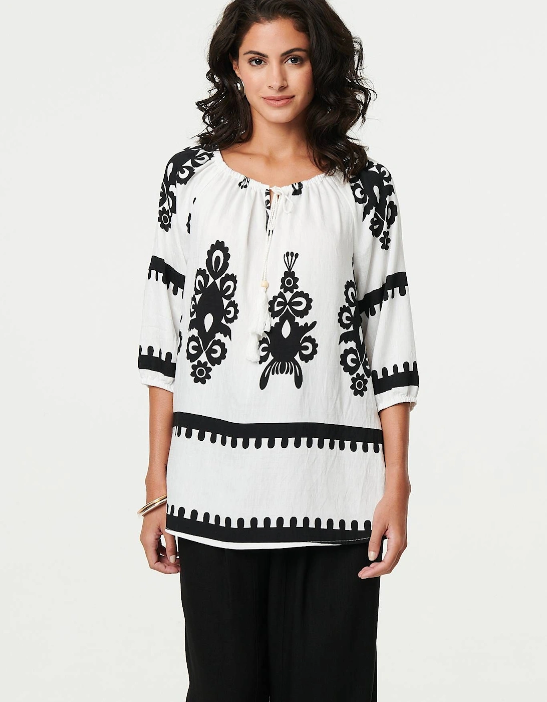 Ikat Print Tassel Tie Neck Blouse, 2 of 1