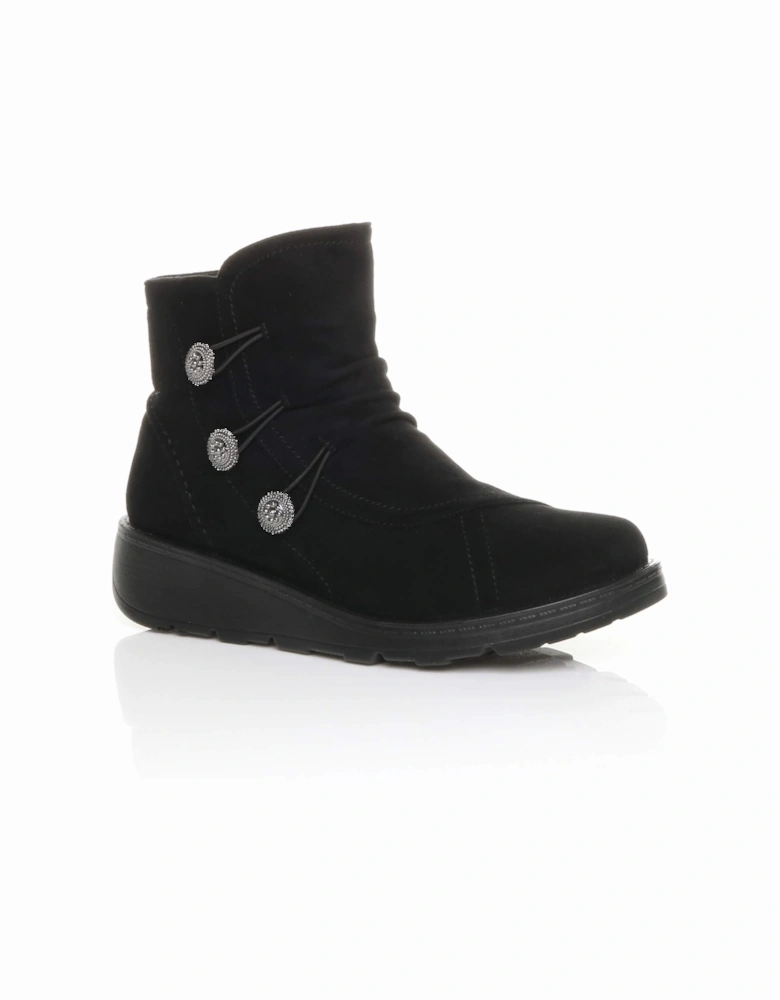 Low Wedge Heel Comfort Button Faux Suede Ankle Boots