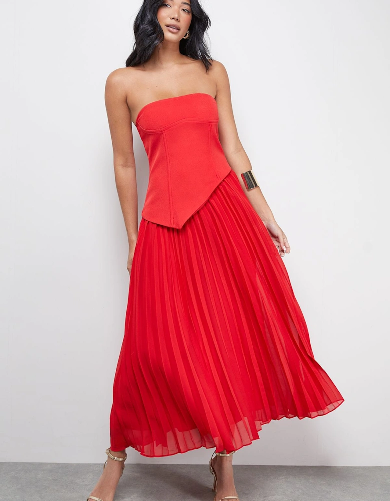 Bandeau Bodice Pleated Chiffon Midi Dress