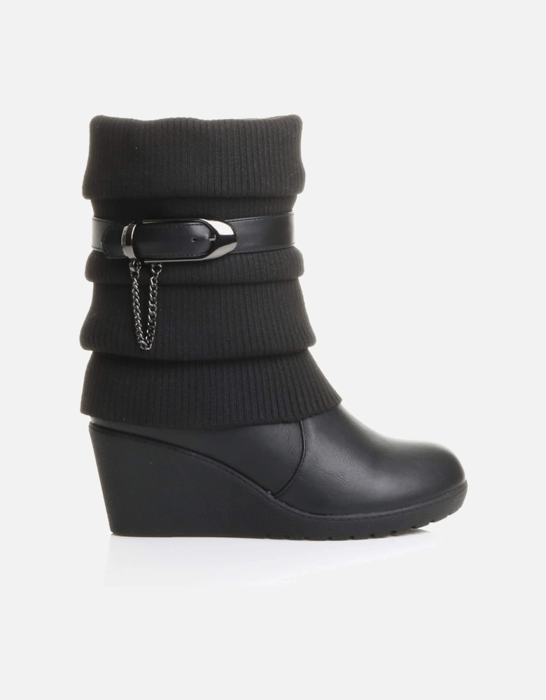 Mid Wedge Heel Slouch Faux Leather Ankle Boots