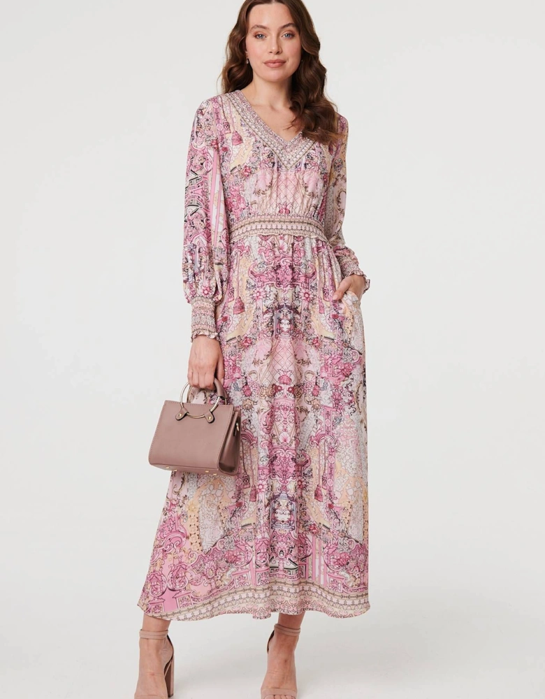 Floral Border Print Empire Maxi Dress