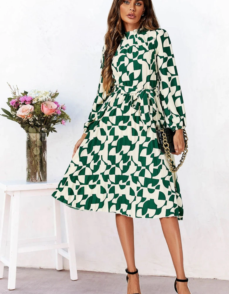 Long Sleeves Geo Print High Neck Pleated Dress In Green