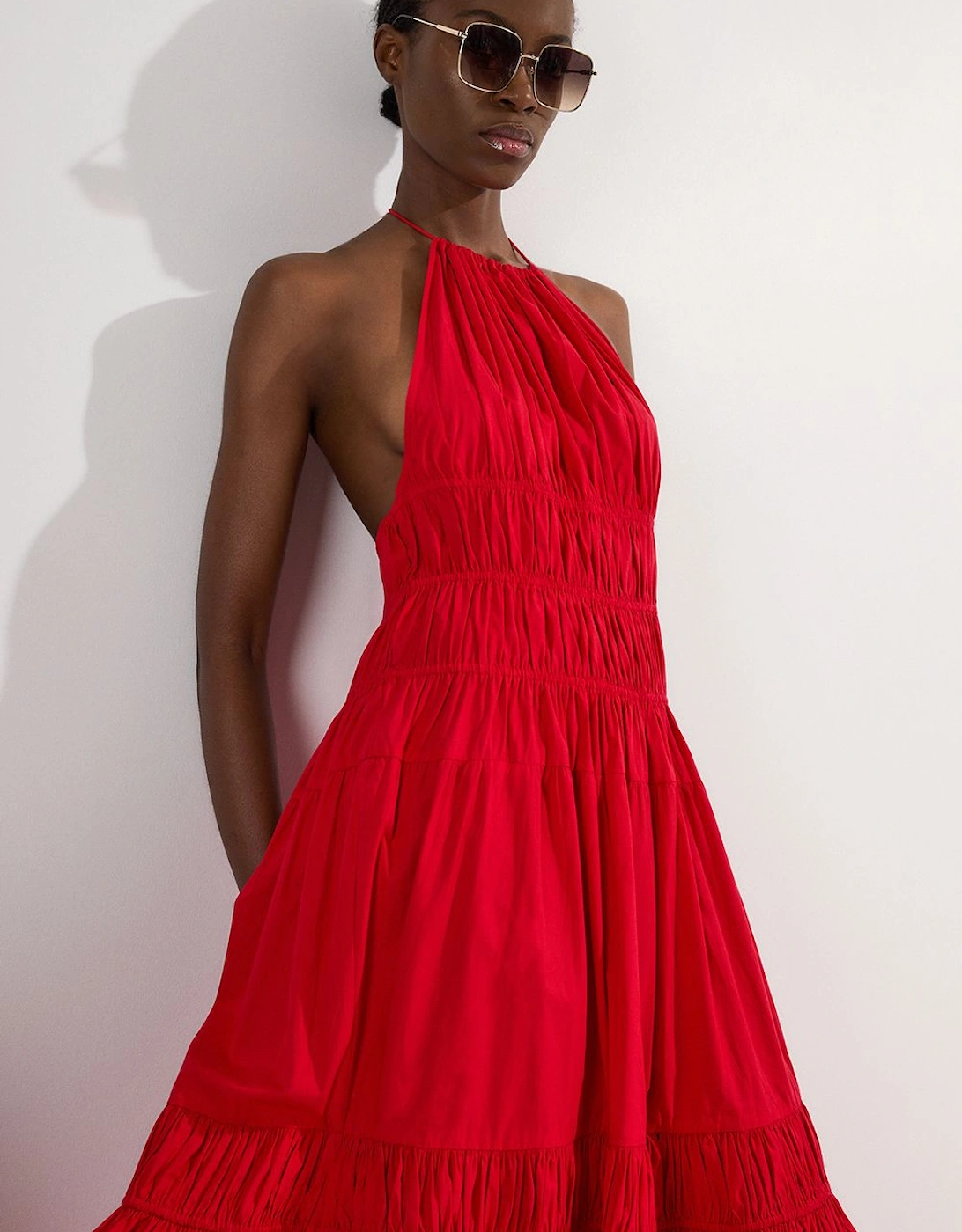 Shirred Cotton Tiered Halter Neck Woven Maxi Dress, 2 of 1
