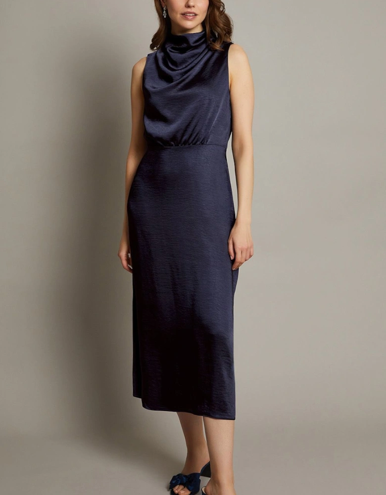 Livia Satin Cowl Halter Midi Dress Blue