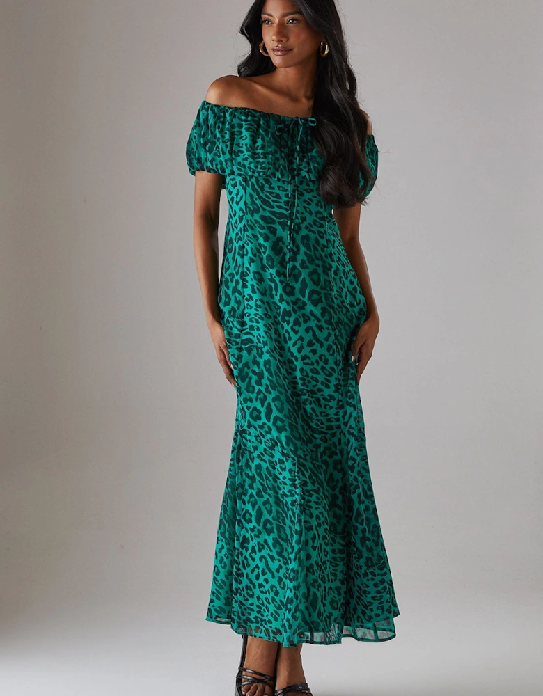 Chiffon Bardot Godet Insert Milkmaid Midi Dress