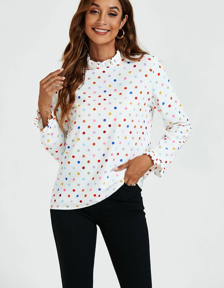 Polka Dot Print Frill Detail High Neck Top In White