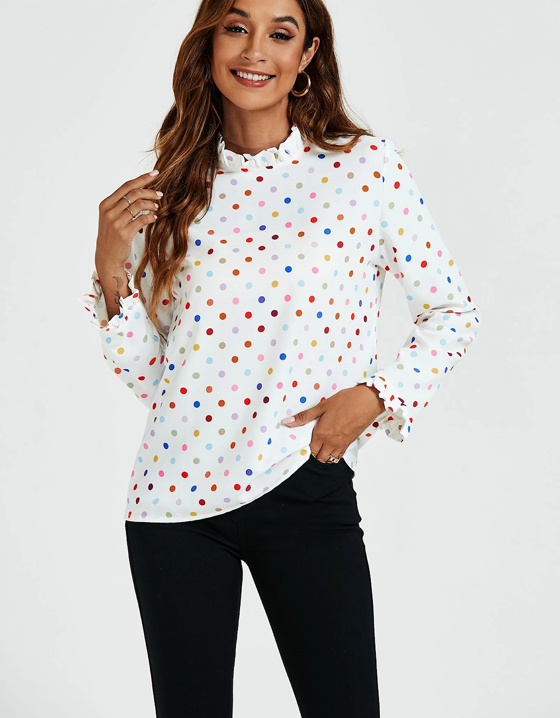Polka Dot Print Frill Detail High Neck Top In White, 2 of 1