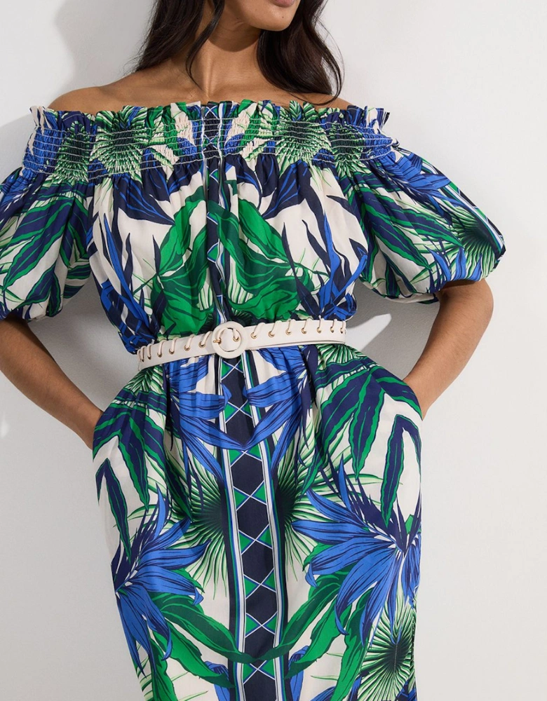 Voile Mirrored Floral Woven Bardot Midi Dress