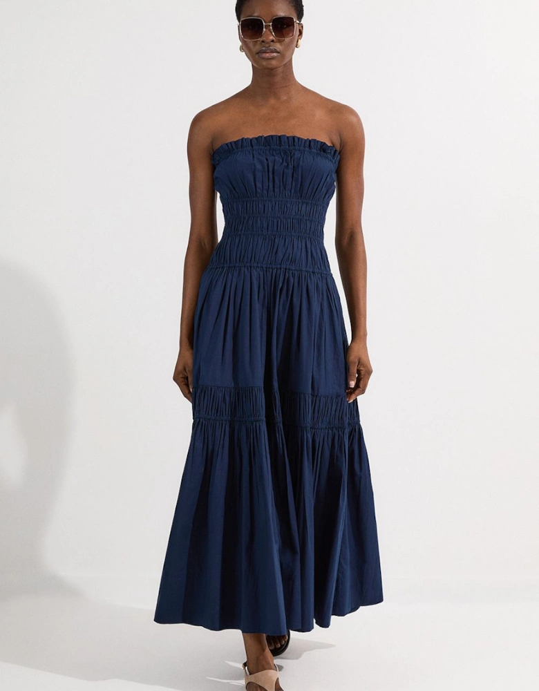 Shirred Cotton Tiered Bandeau Woven Maxi Dress