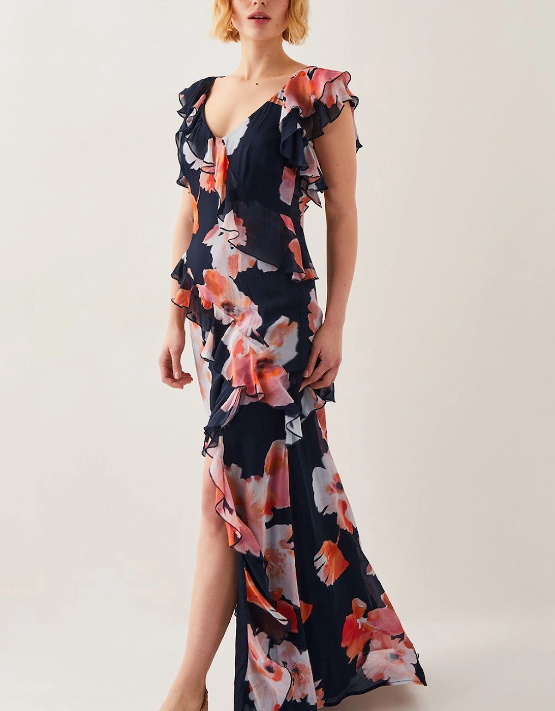 Carrie Floral Ruffle Chiffon Maxi Dress Black, 2 of 1