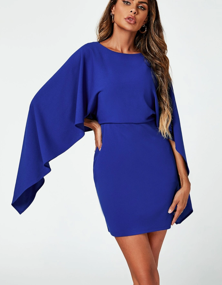 Back Detail Mini Dress With Cape In Blue