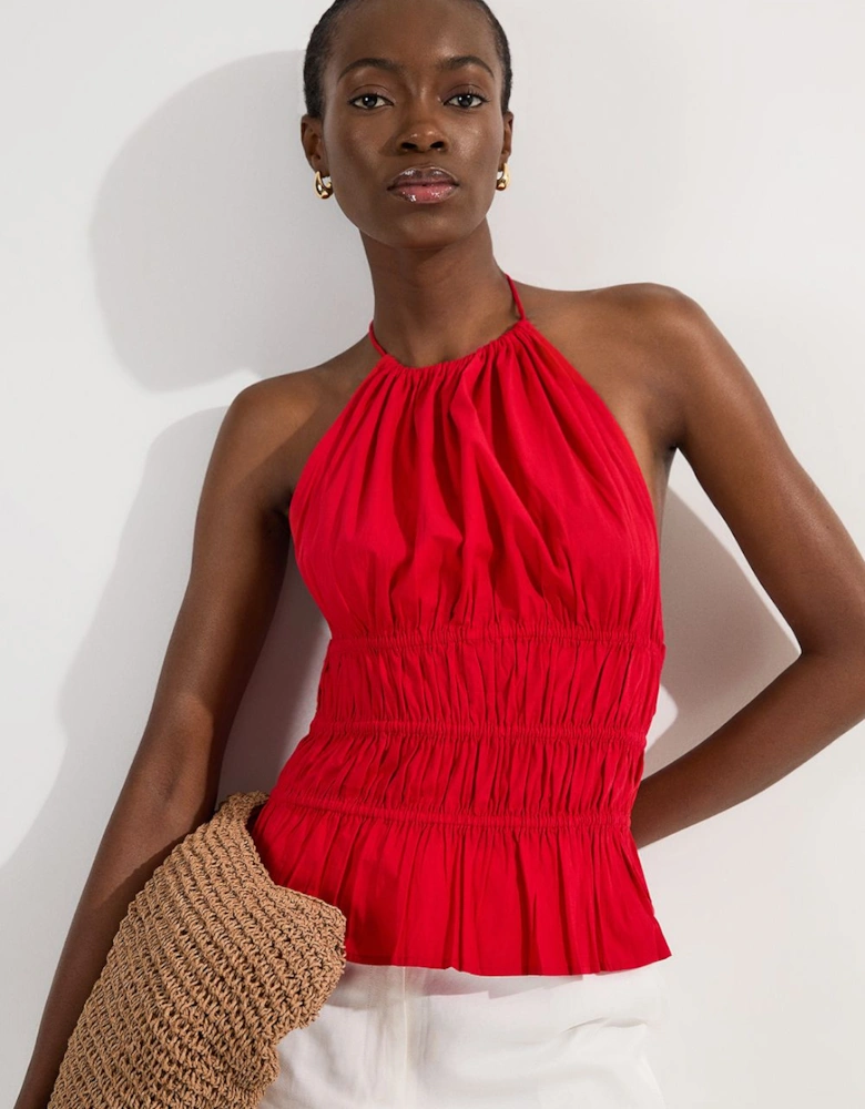 Shirred Cotton Tiered Halter Neck Woven Top