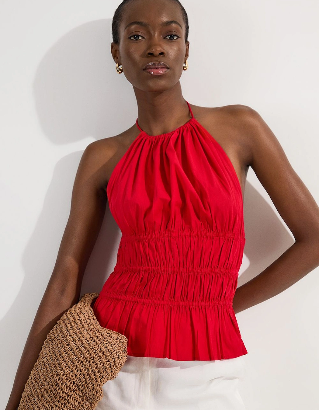 Shirred Cotton Tiered Halter Neck Woven Top, 2 of 1