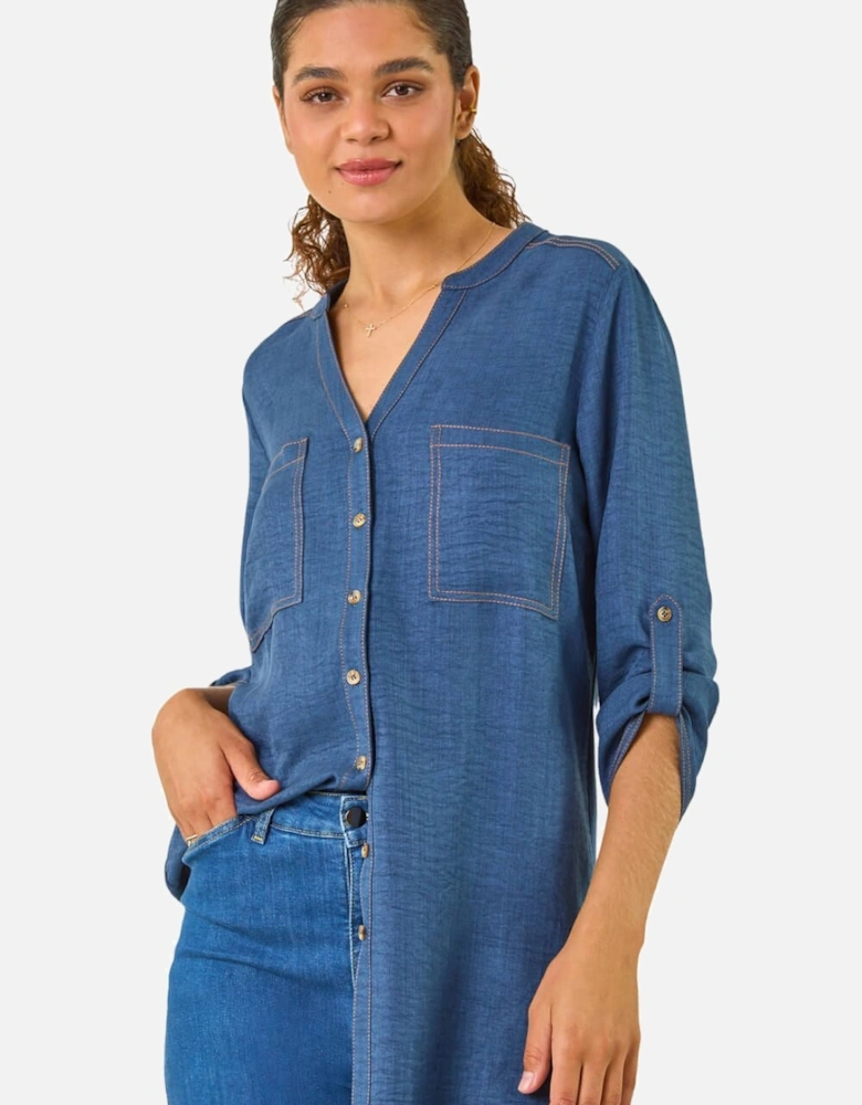 V-Neck Longline Button Detail Blouse